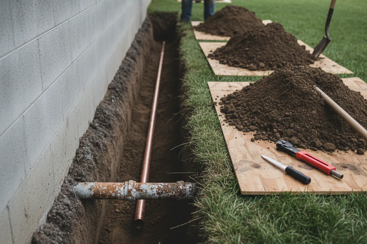 Excavated water line trench during Sewer Line Repair in Grifton